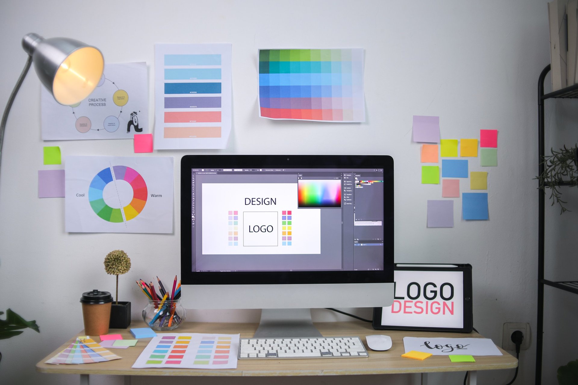 Brand design workspace with color palette